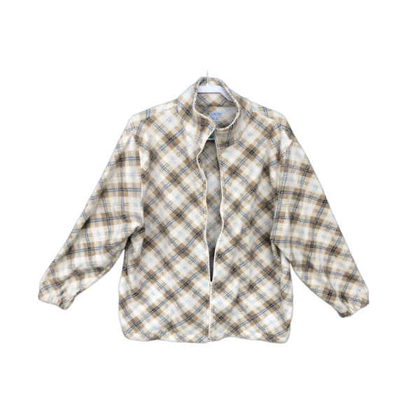 PACER 1X Sweatshirt Zip Up Fleece Women Tan, Blue & Cream Window Pane Plaid - Picture 2 of 11